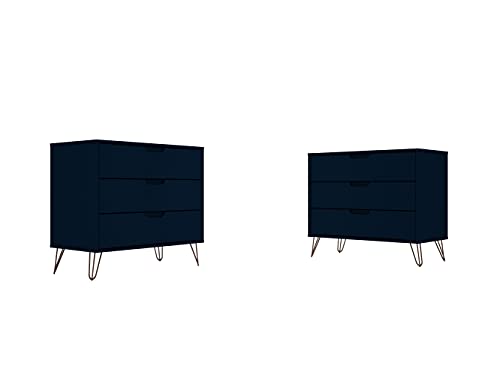 Manhattan Comfort Rockefeller Mid Century Modern 3-Drawer Bedroom Dresser, Set of 2, Blue