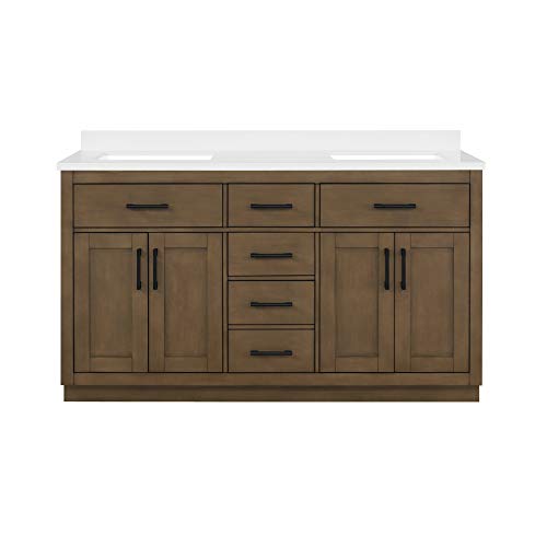 Ove Decors Bailey 60" Double Sink Bathroom Vanity with Engineered Quartz Countertop, Pre-Assembled | Backsplash Included | 04 Doors, 05 Drawers and Power Bar, 60 inches, Almond Latte
