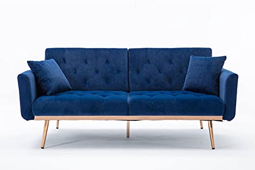 63.7" Navy Blue Velvet Couch, Tufted Loveseat Sofa, Convertible Futon Sofa Bed, Accent Sofa Recliner, Golden Metal Legs, 2 Couch Pillows, Mid Century Modern Sofas for Home Living Room Bedroom