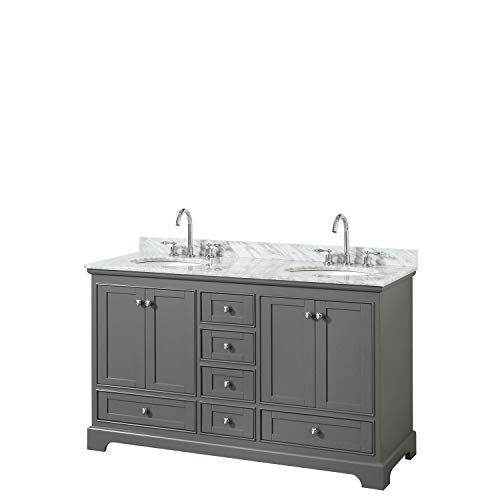 Wyndham Collection Deborah 60 Inch Double Bathroom Vanity in Dark Gray, White Carrara Marble Countertop, Undermount Oval Sinks, and No Mirrors