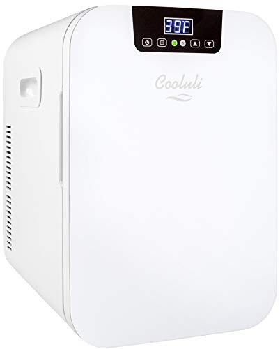 Cooluli 20L Mini Fridge For Bedroom - Car, Office Desk & College Dorm Room - Glass Front & Digital Temperature Control - 12v Small Refrigerator for Food, Drinks, Skincare, Beauty & Breast Milk (White)
