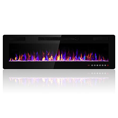 Electactic 50 inches Electric Fireplace Recessed and Wall Mounted Electric Fireplace, Fireplace Heater and Linear Fireplace, with Timer, Remote Control, Adjustable Flame Color, 750w/1500w, Black