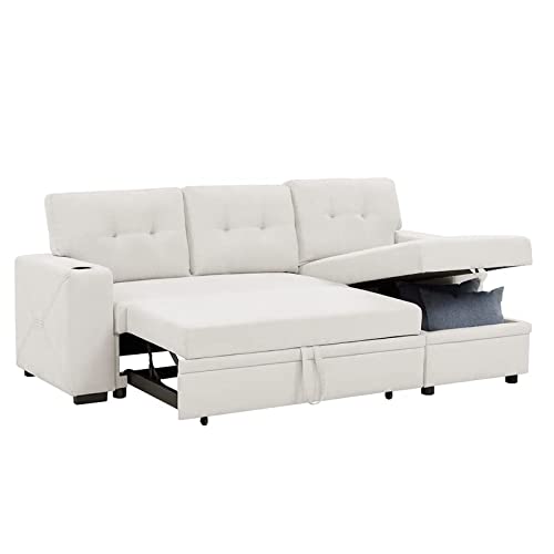 Partner Furniture Upholstery Polyester Blend Fabric Convertible Sectional Sleeper Sofa with Cup Holders in Ivory Partner Furniture Upholstery Polyester Blend Fabric Convertible Sectional Sleeper Sofa with Cup Holders in Ivory