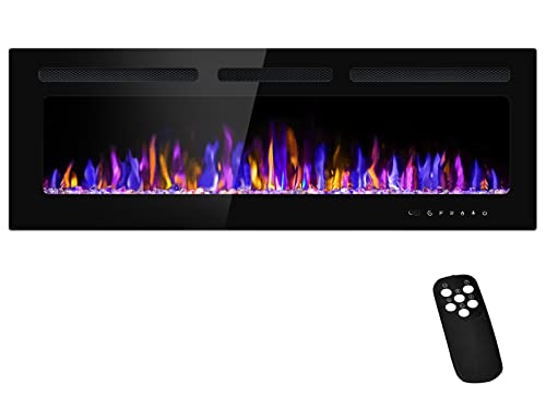 BETELNUT 50" Electric Fireplace Wall Mounted and Recessed with Remote Control, 750/1500W Ultra-Thin Wall Fireplace Heater W/ Timer Adjustable Flame Color and Brightness, Log Set & Crystal Options