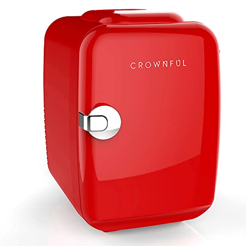 CROWNFUL Mini Fridge, 4 Liter/6 Can Portable Cooler and Warmer Personal Fridge for Skin Care, Cosmetics, Food,Great for Bedroom, Office, Car, Dorm, ETL Listed (Red)