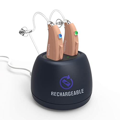 EarCentric EasyCharge Rechargeable Hearing Aids (Pair) for Seniors, Behind-The-Ear BTE Ear Aid PSAP digital Personal sound amplification products devices with Noise Cancellation (Beige)
