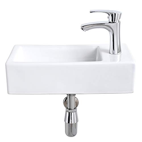 Corner Wall Mount Bathroom Sink with Faucet and Drain Combo-Bokaiya 18 Inch Small Bathroom Sink for Small Spaces Rectangle White Porcelain Ceramic Vanity Corner Bathroom Sink, Right Hand
