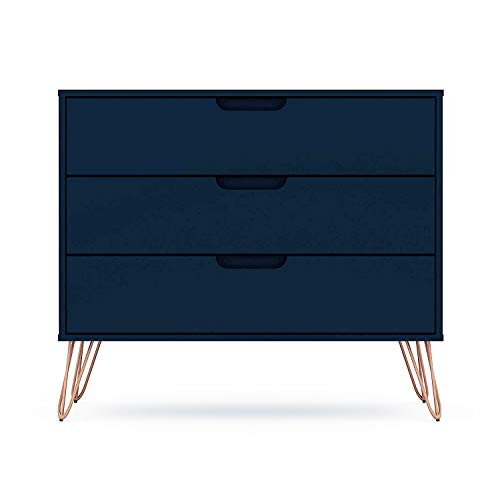 Manhattan Comfort Rockefeller Mid-Century Modern 3 Drawer Bedroom Dresser, Wood, Midnight Blue, 35.24 Inches