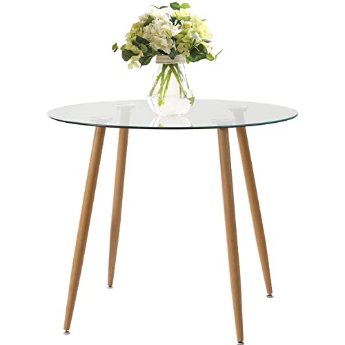 STYLIFING Round Glass Dining Table - Tempered Glass Kitchen Table Dining Room Table - Modern Small Round Dining Table for 4 with Wood Printed Transfer Metal Legs, Coffee Dinner Table for Living Room