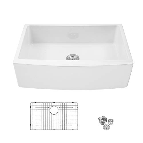White Farmhouse Kitchen Sink - Mocoloo 33"x21"x10" Undermount Arch Curved Apron Front Single Bowl Farm style Sink With Protective Stainless Gird 10 Inch Deep Basin with Offset Drain