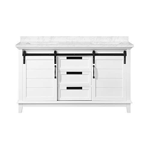 Ove Decors Double Undermount Sink Bathroom Vanity with Cultured Marble Countertop and Barn Doors, Pre-Assembled | Backsplash Included | 03 Drawers and Power Bar, 60 in, White