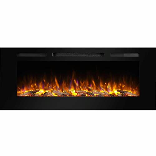 PuraFlame Alice 50 Inches Recessed Electric Fireplace, Flush Mounted for 2 X 6 Stud, Log Set & Crystal, 1500W Heater, Black