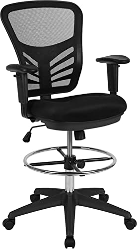 Flash Furniture Mid-Back Black Mesh Ergonomic Drafting Chair with Adjustable Chrome Foot Ring, Adjustable Arms and Black Frame