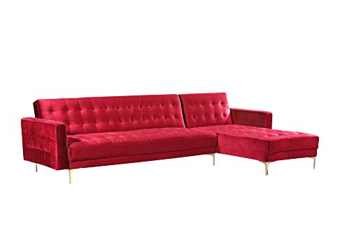 Iconic Home Amandal Convertible Sofa Sleeper Bed L Shape Chaise Tufted Velvet Upholstered Gold Tone Metal Y-Leg Modern Contemporary, Right Facing Sectional, Red Velvet