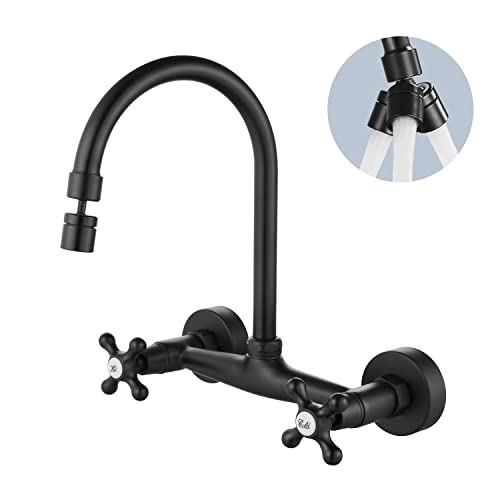 Airuida Wall Mount Kitchen Faucet Matte Black 8 Inch Center Wall Mount Faucet Kitchen with Sprayer Double Cross Handles 360 Degree Swivel Spout Kitchen Mixer Tap Commercial