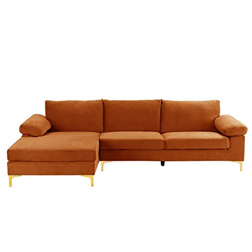 Casa Andrea Milano Modern Sectional Sofa L Shaped Velvet Couch, with Extra Wide Chaise Lounge and Gold Legs, Large, Orange