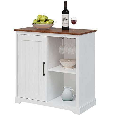 Kitchen Storage Cabinet, Accent Sideboard Buffet Farmhouse Floor Storage Cabinet White Coffee Bar Dry Bar Cabinet for Kitchen Dining Room Living Room Hallway, Adjutable Shelf + Wine Glass Rack