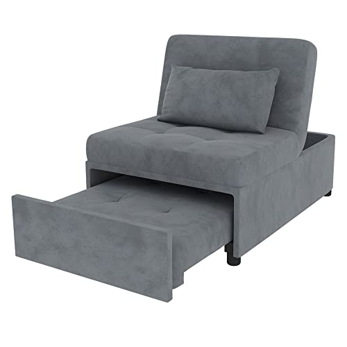 Deck Chair, Sofa Bed Convertible Chair 4 in 1 Multi-Function Folding Ottoman Modern Breathable Linen Guest Bed with Adjustable Sleeper for Small Room Apartment, Grey