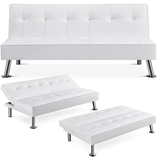 Yaheetech Faux Leather Couch Sofa Bed Convertible Sleeper Sofa with Chrome Metal Legs Daybed with Quick Adjustable Folding for Living Room/Small Apartment/Office, White