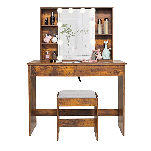 usikey Vanity Desk for Christmas Day with Sliding Mirror &10 LED Lights, Makeup Vanity with Lights, Large Vanity Set, Vanity Table with 2 Drawers and Cushioned Stool, Rustic Brown usikey Vanity Desk for Christmas Day with Sliding Mirror &10 LED Lights, Makeup Vanity with Lights, Large Vanity Set, Vanity Table with 2 Drawers and Cushioned Stool, Rustic Brown