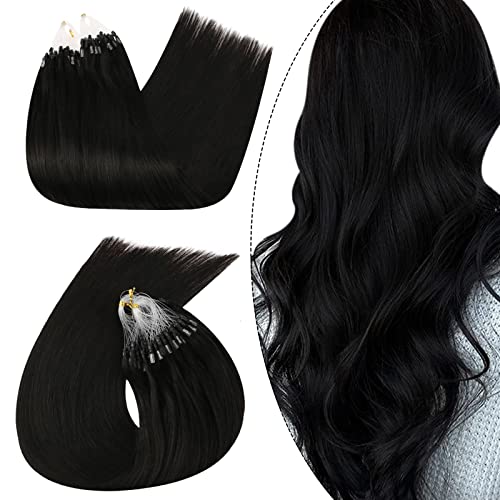 Ugeat Micro Loop Human Hair Extensions 16 Inch Micro Beads Human Hair Extensions Natural Straight Micro Link Human Hair Extension #1B Off Black 50g Micro Ring Cold Fusion Hair Extensions