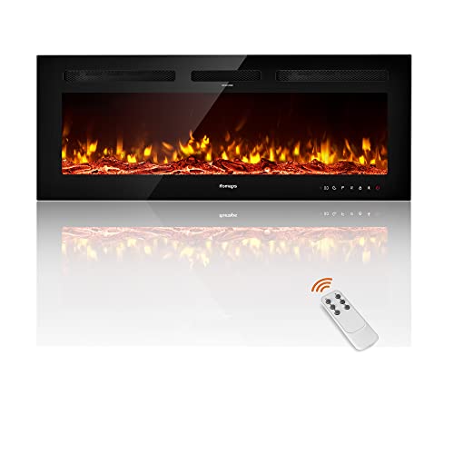 ifomaps 50 Inch Electric Fireplace Wall Mounted, Wall Fireplace Inserts Heater, Recessed & Free Standing, 12 Flame Color, Touch Screen/Remote Control with Timer, Log/Crystal, 750w/1500w, Black