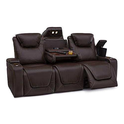 Seatcraft Vienna Home Theater Seating - Top Grain Leather - Power Recline - Power Headrest - Powered Lumbar - AC USB Charging - Cup Holders - (Sofa with Fold Down Table, Brown)
