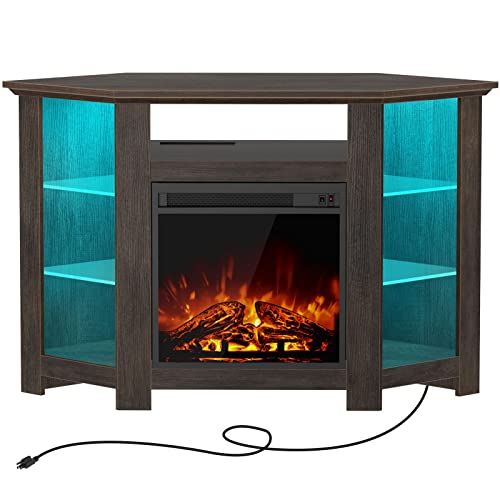 Seventable Fireplace Corner TV Stand for TVs up to 55 Inches, 47 Inch TV Stand with Power Outlets and LED Lights, Modern TV Console , Entertainment Center for Living Room,Walnut