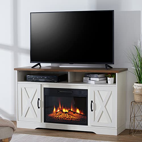 Amerlife Fireplace TV Stand 54" Farmhouse Barn Door Entertainment Center for TVs up to 60" Mordern Media Console Table with 2 Open Shelves and Cabinets, Rustic Oak & White