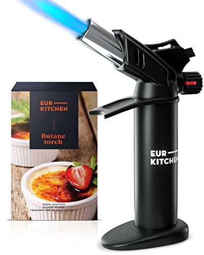 EurKitchen Premium Culinary Butane Torch with Safety Lock & Adjustable Flame Guard - Baking Tools as Chef Gifts - Kitchen Torch Lighter for Creme Brulee, BBQ, Soldering (Butane Gas Not Included)