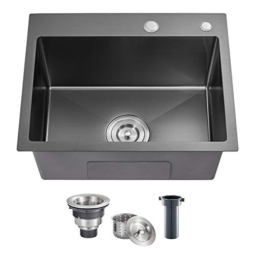 ROVOGO 20x16x9 inch Top Mount Single Bowl Kitchen Sink with 2 Hole, 304 Stainless Steel Handmade Drop-in Bar Prep Small Sink with Basket Strainer, Black