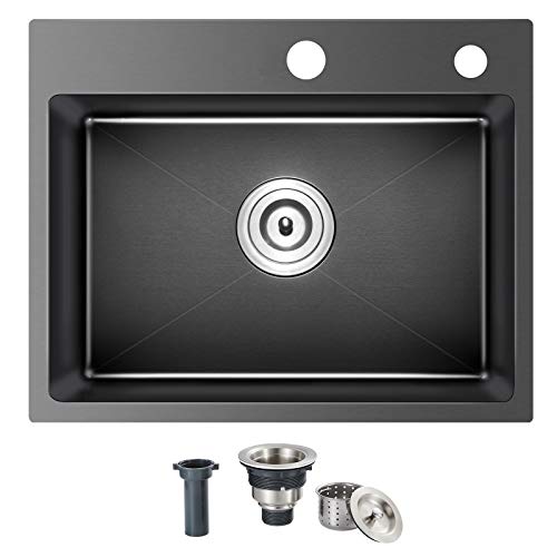 OUGOO 24 x 18inch Drop-in Tight Radius Black Stainless Steel Topmount Kitchen Sink Single Bowl