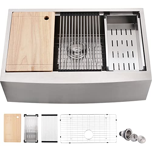 33 Inch Farmhouse Sink - Loftus Apron Front Kitchen Sink 16 Gauge Stainless Steel Workstation Ledge Deep Single Bowl Farm Sink with Accessories 33 Inch Farmhouse Sink - Loftus Apron Front Kitchen Sink 16 Gauge Stainless Steel Workstation Ledge Deep Single Bowl Farm Sink with Accessories