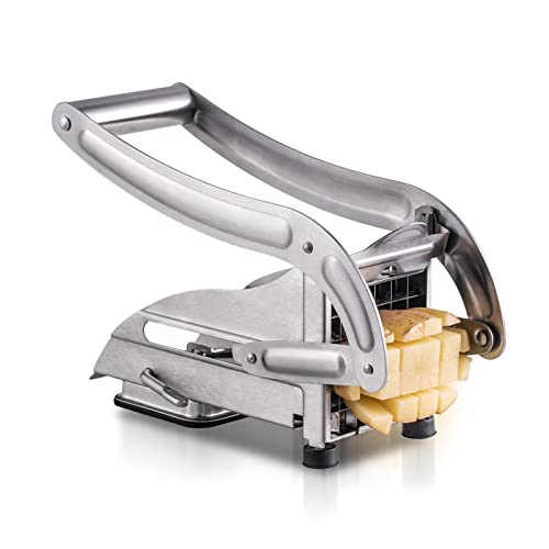 Vuuklc French Fry Cutter Stainless Steel, Commercial Grade Vegetable and Potato Cutter with No-Slip Suction Base, Includes 1/2’’ & 3/8’’ Blades Options, Great for Food Preparation with Air Fryer