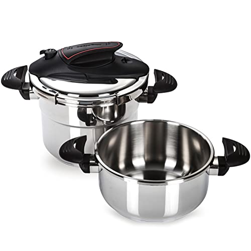 Magefesa® Prisma 4.2 + 6.3 Quart Stove-top Super Fast Pressure Cooker, Easy and Smooth Locking Mechanism, Polished 18/10 Stainles Steel, Suitable Induction, 5 Security Systems, 11.6 PSI Working pressure Magefesa® Prisma 4.2 + 6.3 Quart Stove-top Super Fast Pressure Cooker, Easy and Smooth Locking Mechanism, Polished 18/10 Stainles Steel, Suitable Induction, 5 Security Systems, 11.6 PSI Working pressure