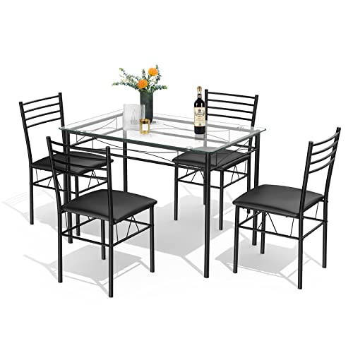 Tangkula Dining Table Set, 5 Pieces Dining Set with Tempered Glass Top Table and 4 Chairs, Kitchen Dining Room Furniture, Black