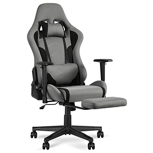 Okeysen Gaming Chair With Footrest - Ergonomic Fabric Video Game Chairs For Kids Adults, Racing Style High-Back Gamer Computer Chair With Massage, Office PC Gaming Recliner Adjustable For Teens (Grey)