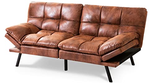 Opoiar Futon Sofa Bed, Faux Leather Memory Foam Couch Futon Sets, Convertible Sofa Daybed with Mattress Included, Modern Convertible Love seat Sofa Bed for Small/Compact Living Space,Brown