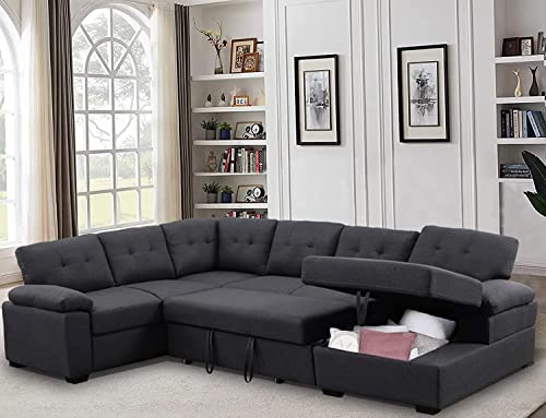 asunflower Sectional Sofa Sleeper Couch Living Room Pull Out Sofa Bed with Storage Chaise 6 Seats Modular Couch Sofa Fabric U-Shaped Furniture Sets Dark Grey