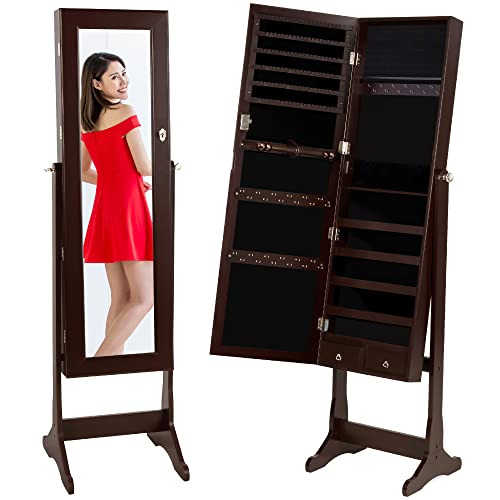 Best Choice Products Standing Mirror Armoire, Lockable Jewelry Storage Organizer Cabinet w/ Velvet Interior, 3 Angle Adjustments - Brown Best Choice Products Standing Mirror Armoire, Lockable Jewelry Storage Organizer Cabinet w/ Velvet Interior, 3 Angle Adjustments - Brown