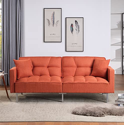 Convertible Modern Futon Sofa Bed, 2-in-1 Sleeper Sofa with 2 Pillows, 3 Adjustable Angles for Backrest, Living Room Couch with 5 Sturdy Metal Legs, Upholstered Loveseat for Home, Office, Orange Linen