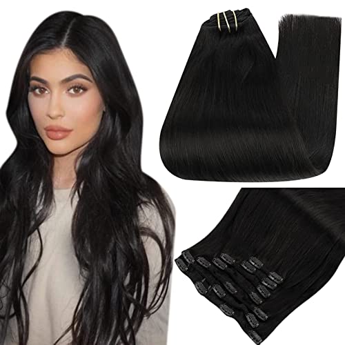 Full Shine Remy Clip in Hair Extensions 22 Inch Remy Hair Extensions Black Clip in Human Hair 7 Pcs 120 Grams Clip in Extensions Double Weft Clip in Hair Straight Human Hair Clip ins Color 1 Jet Black