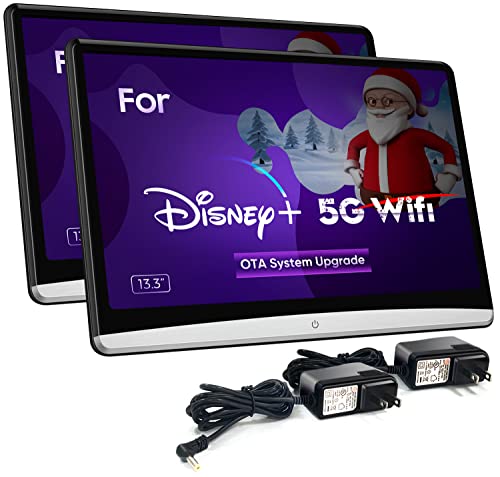 13.3 Inch(2G ram 32G ROM) 5G OTA 4K Android 10.0 Portable Multifunction Car TV Headrest Monitor Tablet Touch Screen 1080P Headset WiFi/Bluetooth/USB/SD/HDMI in+Out/FM/Mirror Link Video Player(2PC)