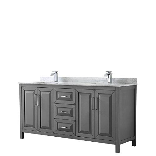 Wyndham Collection Daria 72 inch Double Bathroom Vanity in Dark Gray, White Carrara Marble Countertop, Undermount Square Sinks, and No Mirror