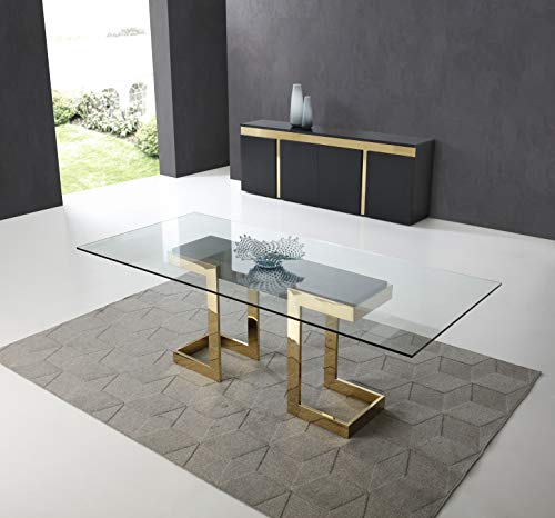 Whiteline Modern Living Sumo Rectangle Dining Table, 12mm clear tempered glass top, polished gold stainless steel base, Matte black connector between the legs, 39" L x 87" W x 30" H