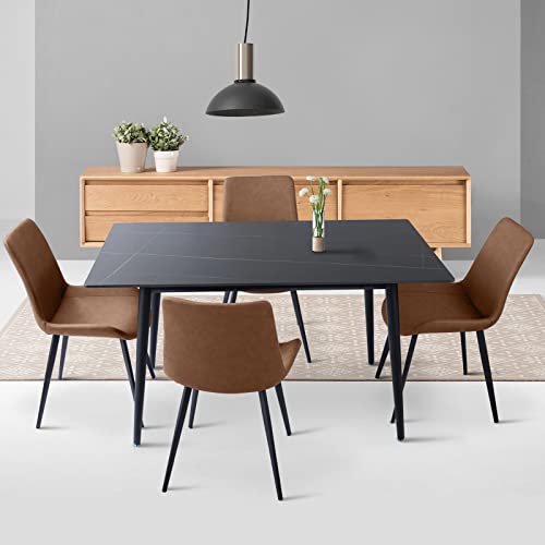 Zerifevni 5 Piece Dining Table Set, Dining Chairs Set of 4, Modern Kitchen Table Set Top with Slate Stone, Metal Base & Legs, Dining Room Table and Leather Chairs (Brown,1 Table with 4 Chairs)