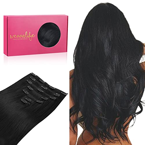 WENNALIFE Clip in Hair Extensions, 24 Inch 120g 7pcs Jet Black Hair Extensions Clip in Human Hair Remy Clip in Hair Extensions Natural Human Hair Extensions Double Weft