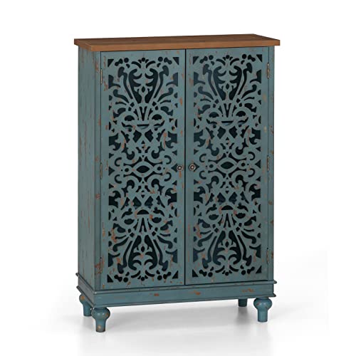 Sophia & William 47.4'' Accent Tall Cabinet with 2 Doors, 3-Tier Distressed Storage Cabinet with Wood Frame and Hollow-Carved Door for Entryway Living Room Bedroom, Blue