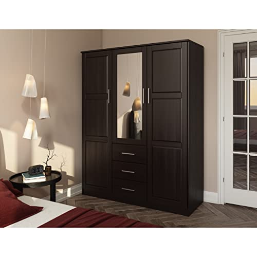 Palace Imports Cosmo Solid Wood 3-Door Wardrobe/Armoire/Closet with Mirror and 3 Drawers, Java. Additional Shelves Sold Separately.