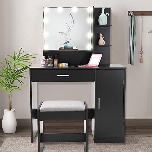 usikey Makeup Vanity Table for Christmas Day with Lighted Mirror, Vanity Desk, Vanity Set with Drawer & Storage Cabinet, Dressing Vanity Table with Cushioned Stool for Bedroom, Black